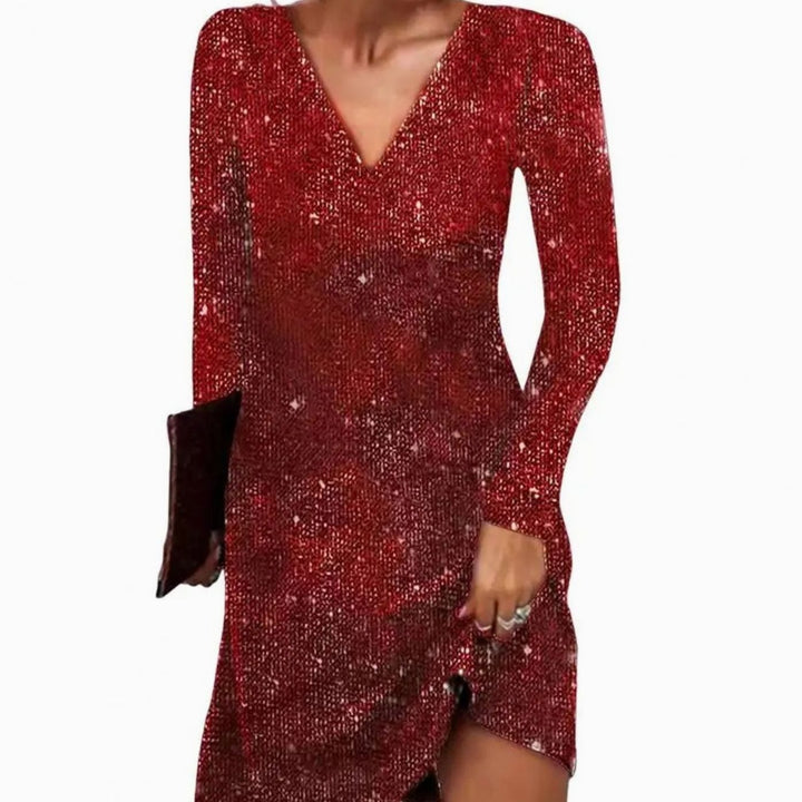 Damen Glitzer Wickelkleid mit V-Ausschnitt Langarm Minikleid - Rot