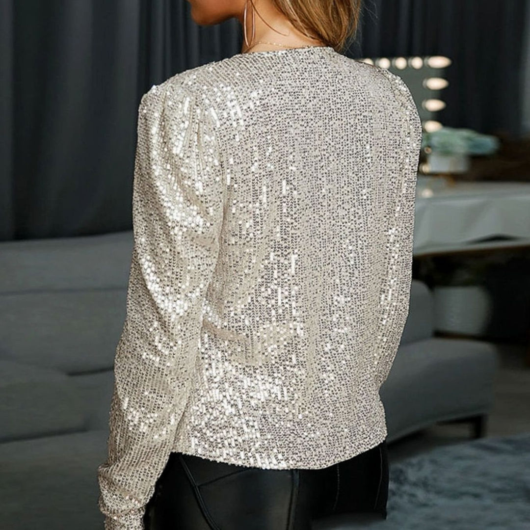 Damen Glitzernde Offene Winterjacke mit Pailletten Langarm