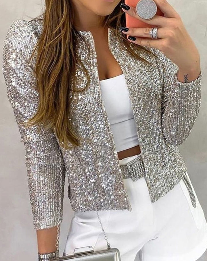 Damen Glitzernde Offene Winterjacke mit Pailletten Langarm - Silber