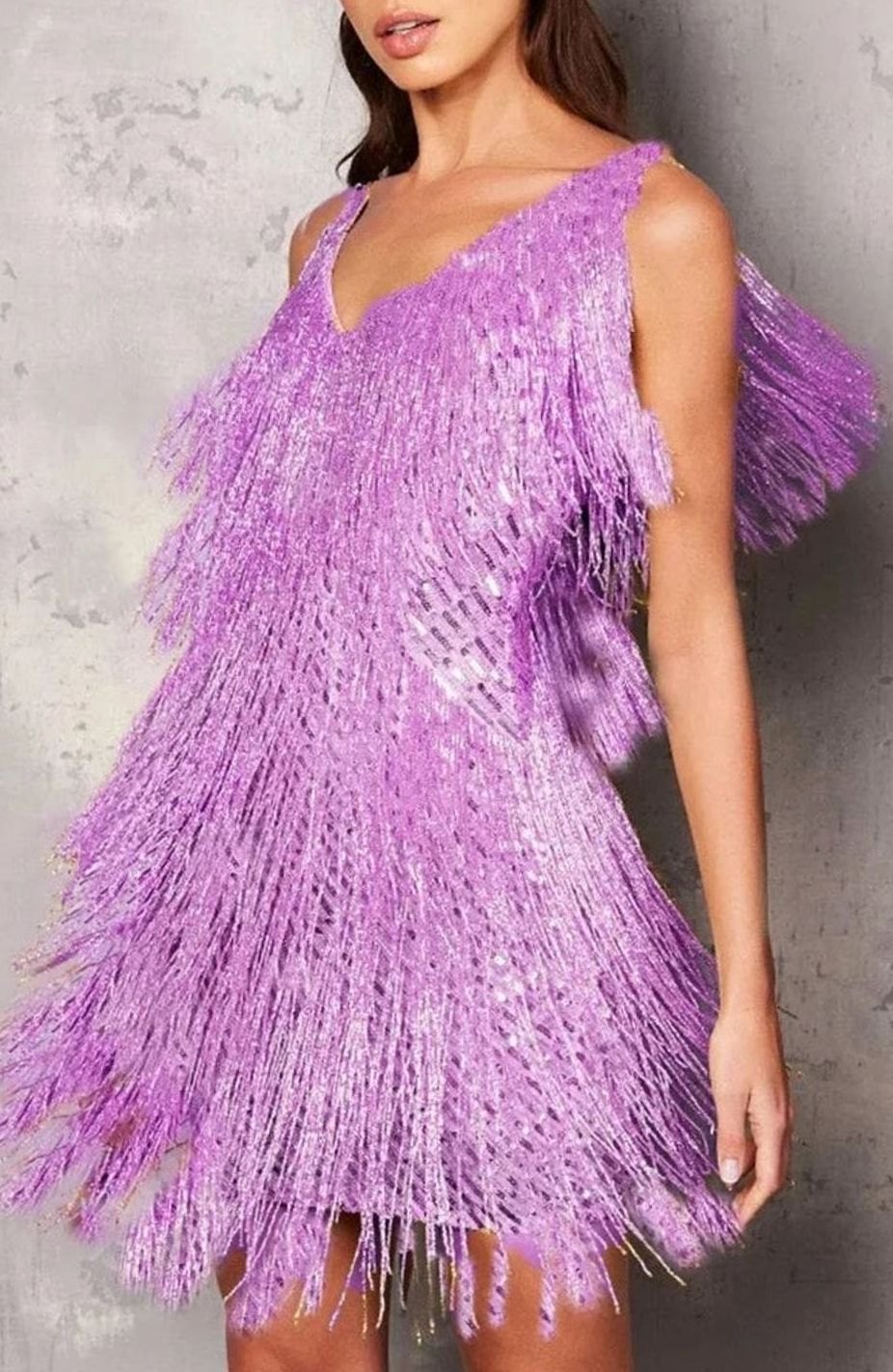 Damen Glitzerndes Fransen-Party-Minikleid V-Ausschnitt Glamour - Lila