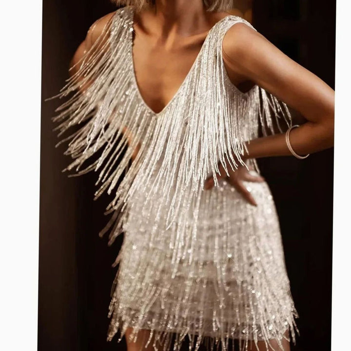 Damen Glitzerndes Fransen-Party-Minikleid V-Ausschnitt Glamour - Silber