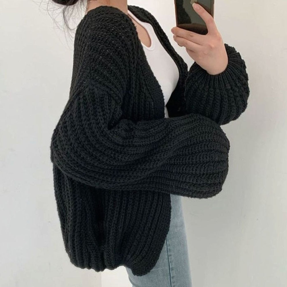 Damen Grob Gestrickte Oversize-Strickjacke offener Vorderseite - Schwarz