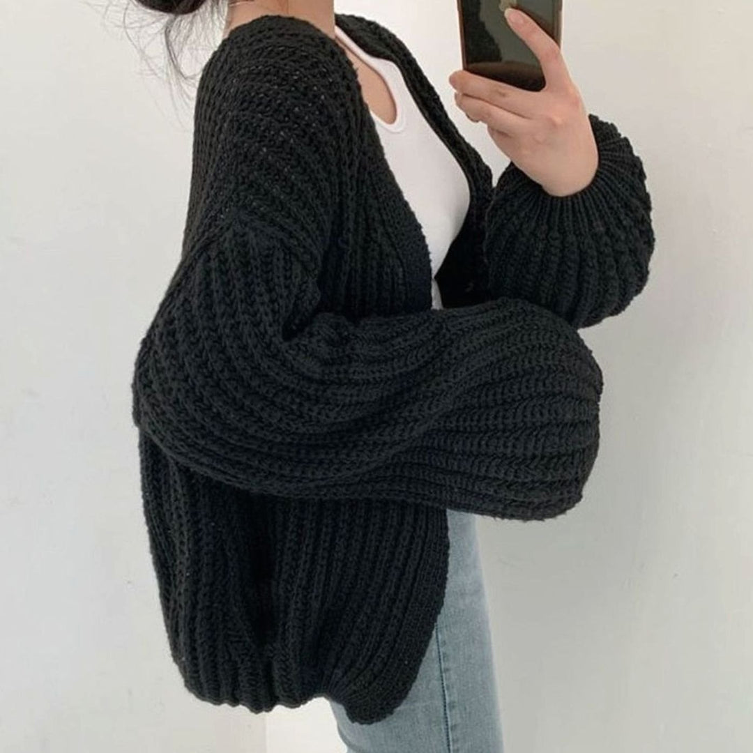 Damen Grob Gestrickte Oversize-Strickjacke offener Vorderseite - Schwarz