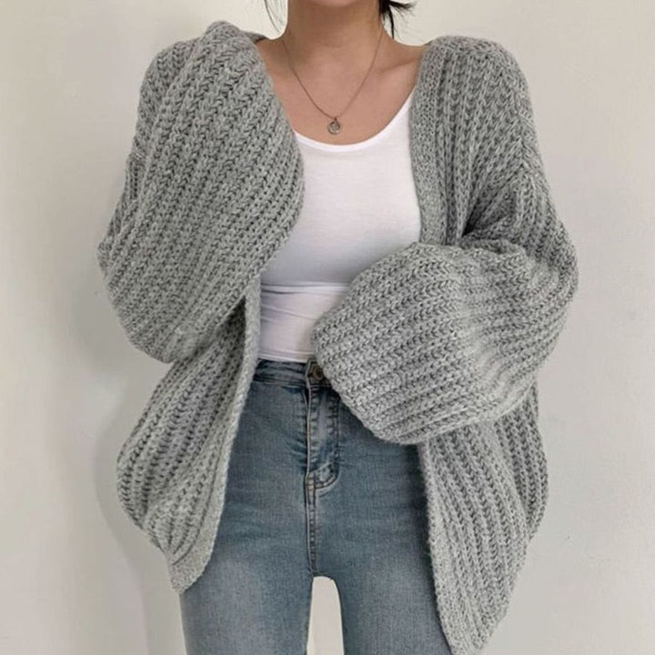 Damen Grob Gestrickte Oversize-Strickjacke offener Vorderseite - Grau