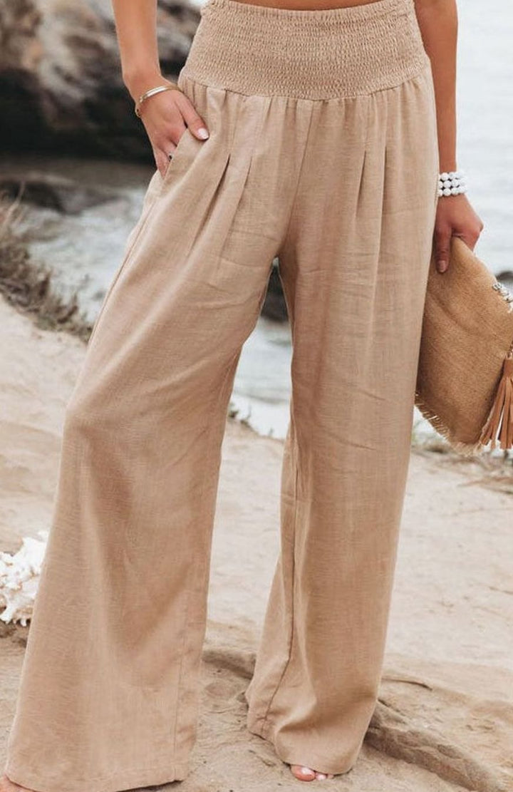 Damen High-Waist Hose mit weitem Bein hoher Bund Leinenoptik - Kamel