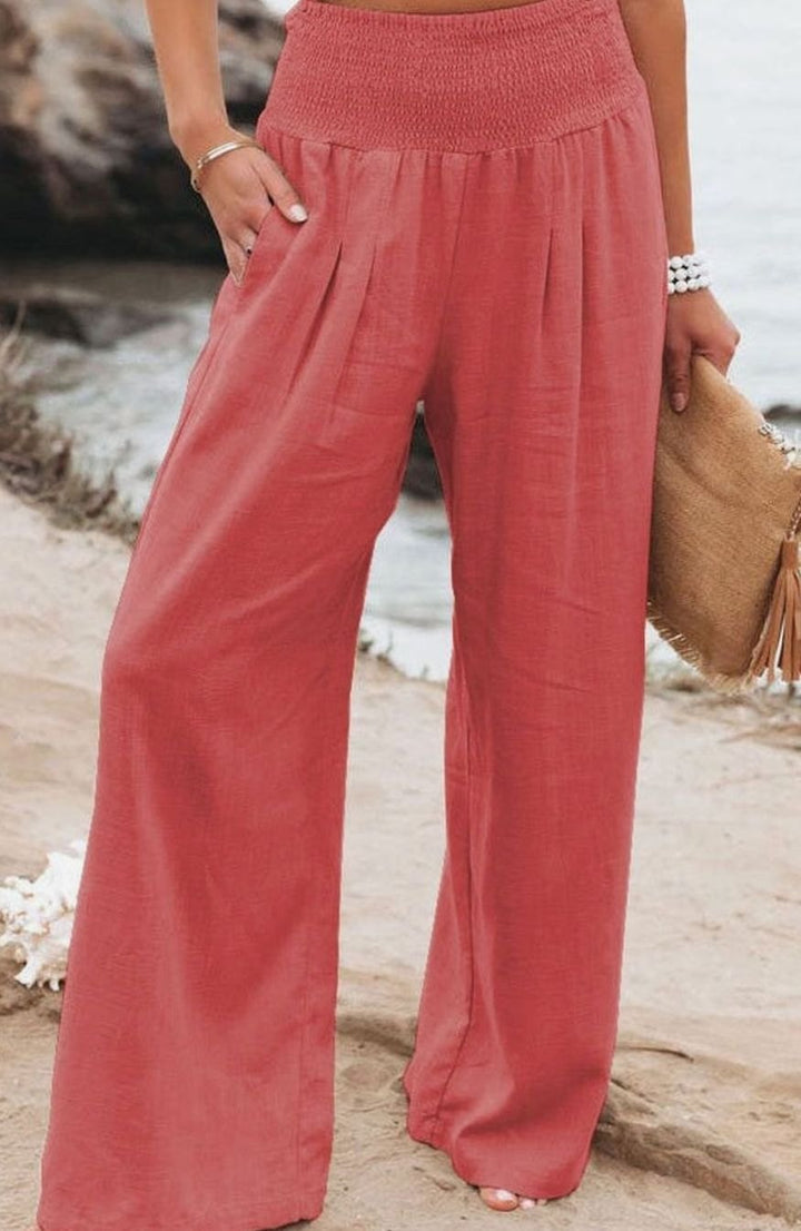 Damen High-Waist Hose mit weitem Bein hoher Bund Leinenoptik - Rot