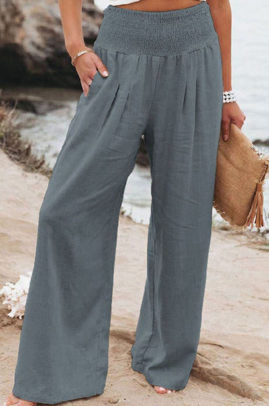 Damen High-Waist Hose mit weitem Bein hoher Bund Leinenoptik - Aschgrau