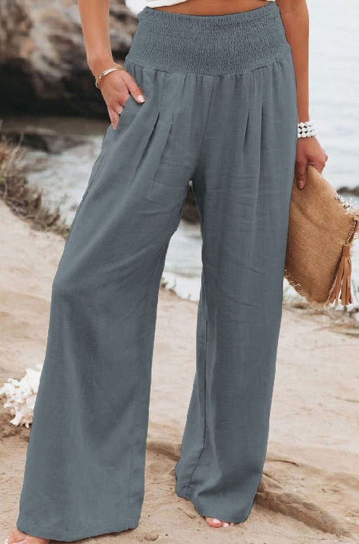 Damen High-Waist Hose mit weitem Bein hoher Bund Leinenoptik - Aschgrau