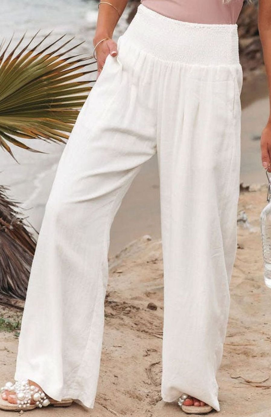 Damen High-Waist Hose mit weitem Bein hoher Bund Leinenoptik - Weiß