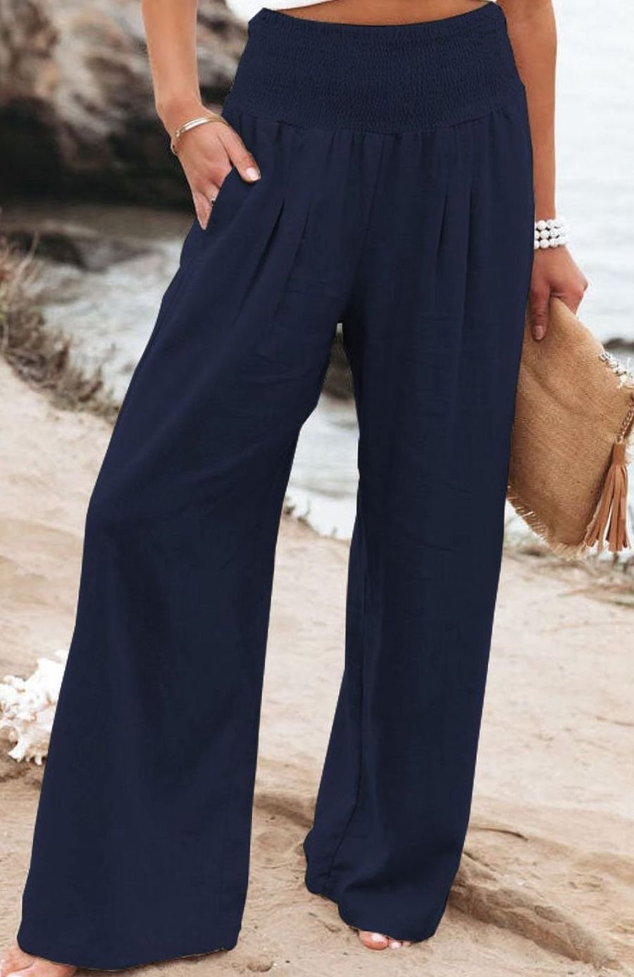 Damen High-Waist Hose mit weitem Bein hoher Bund Leinenoptik - Marineblau