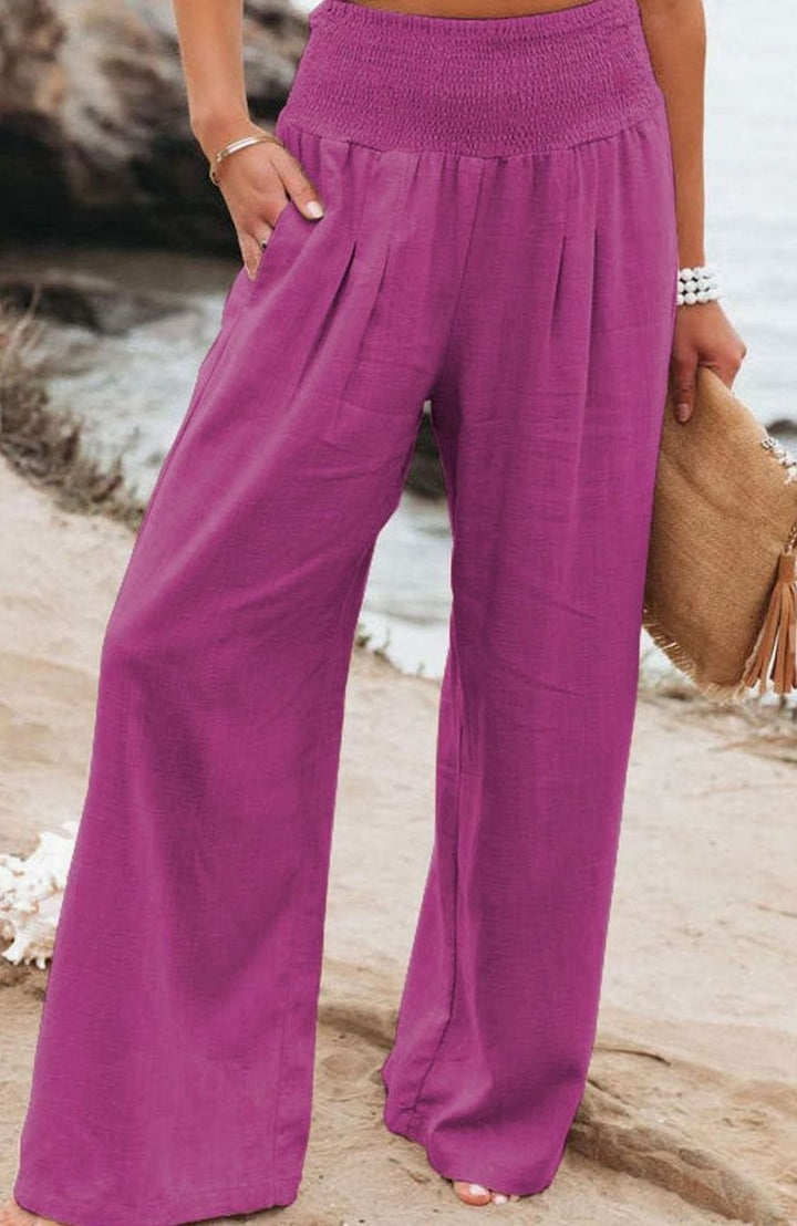 Damen High-Waist Hose mit weitem Bein hoher Bund Leinenoptik - Rosa