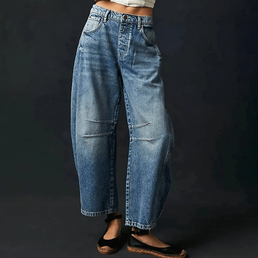 Damen High-Waist-Jeans lockerer Passform weiter Schnitt Knöchellang - Dunkelblau