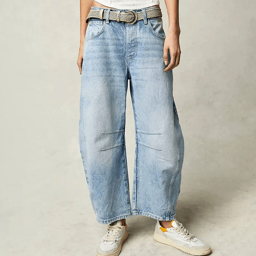 Damen High-Waist-Jeans lockerer Passform weiter Schnitt Knöchellang - Hellblau