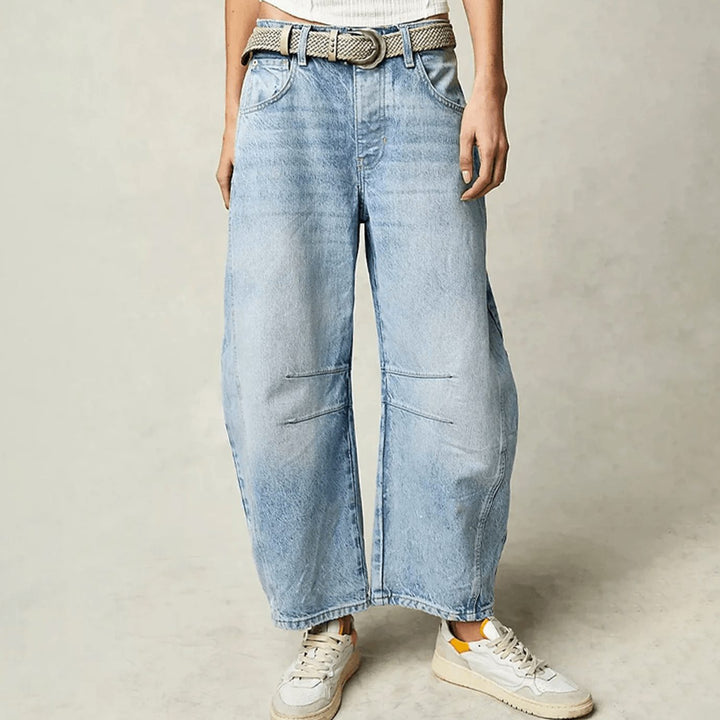 Damen High-Waist-Jeans lockerer Passform weiter Schnitt Knöchellang - Hellblau
