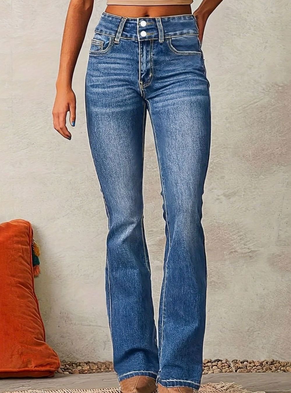 Damen High-Waist Jeans mit weitem Bein leicht ausgestellter Schnitt - Meeresblau