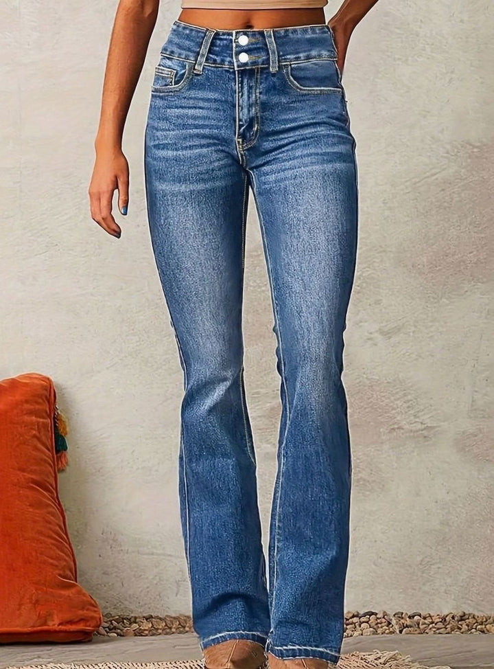 Damen High-Waist Jeans mit weitem Bein leicht ausgestellter Schnitt - Meeresblau