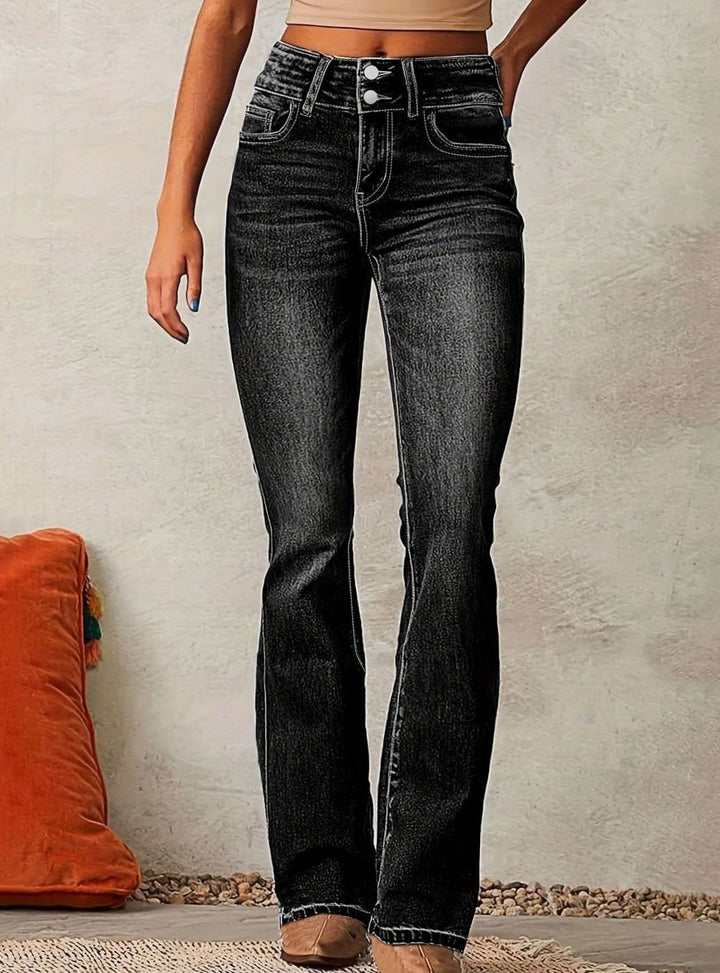 Damen High-Waist Jeans mit weitem Bein leicht ausgestellter Schnitt - Schwarz