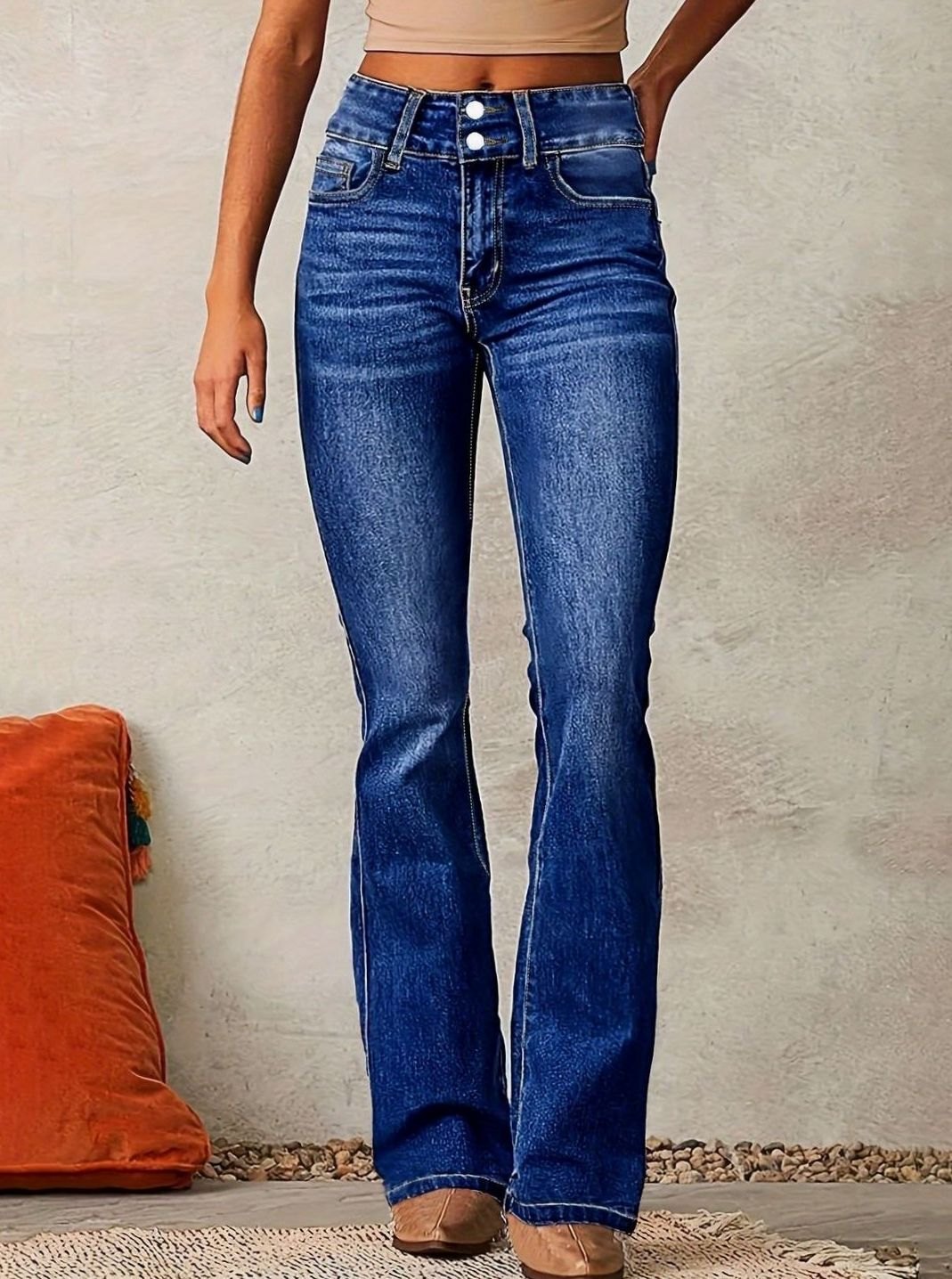 Damen High-Waist Jeans mit weitem Bein leicht ausgestellter Schnitt - Dunkelblau