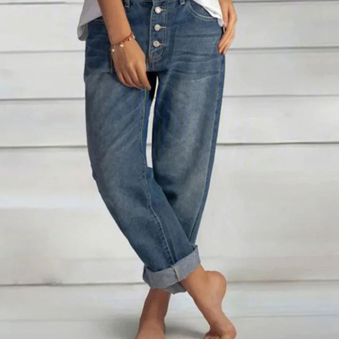 Damen High-Waist Weitbeinige Jeans mit Knopfleiste - Blau