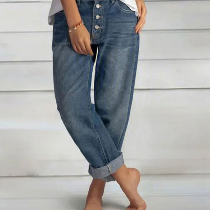 Damen High-Waist Weitbeinige Jeans mit Knopfleiste - Blau