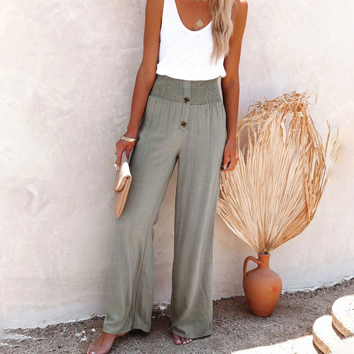 Damen High-Waist Weites Bein Hose Elastischer Smok-Bund - Graugrün