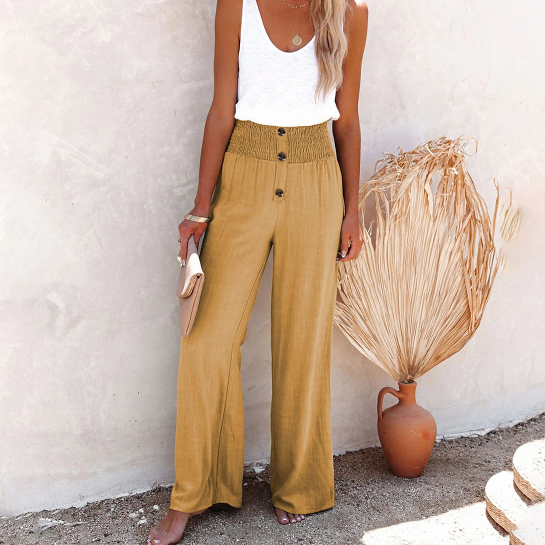 Damen High-Waist Weites Bein Hose Elastischer Smok-Bund - Khaki