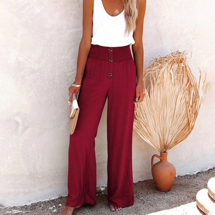 Damen High-Waist Weites Bein Hose Elastischer Smok-Bund - Weinrot