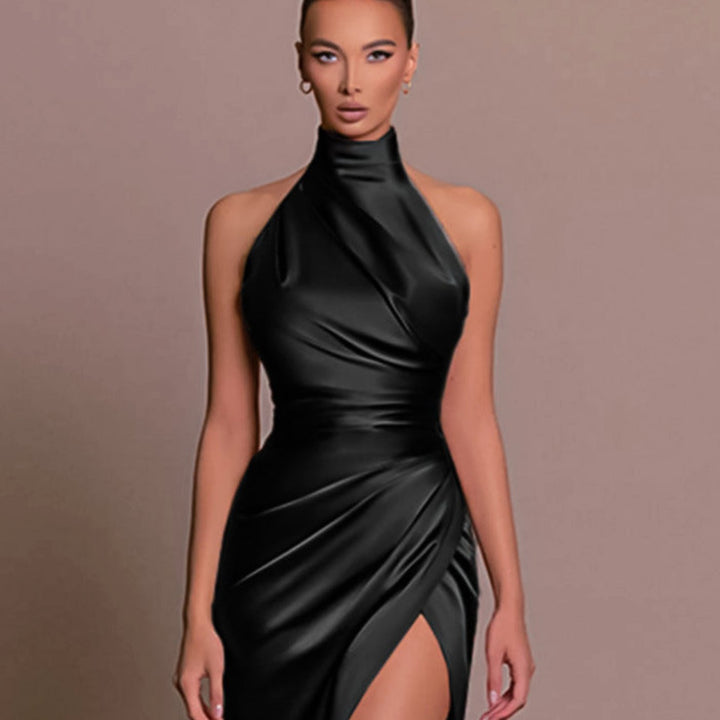 Damen Hochgeschlossenes Gerafftes Abendkleid für Hochzeitsgäste mit Schlitz - Schwarz