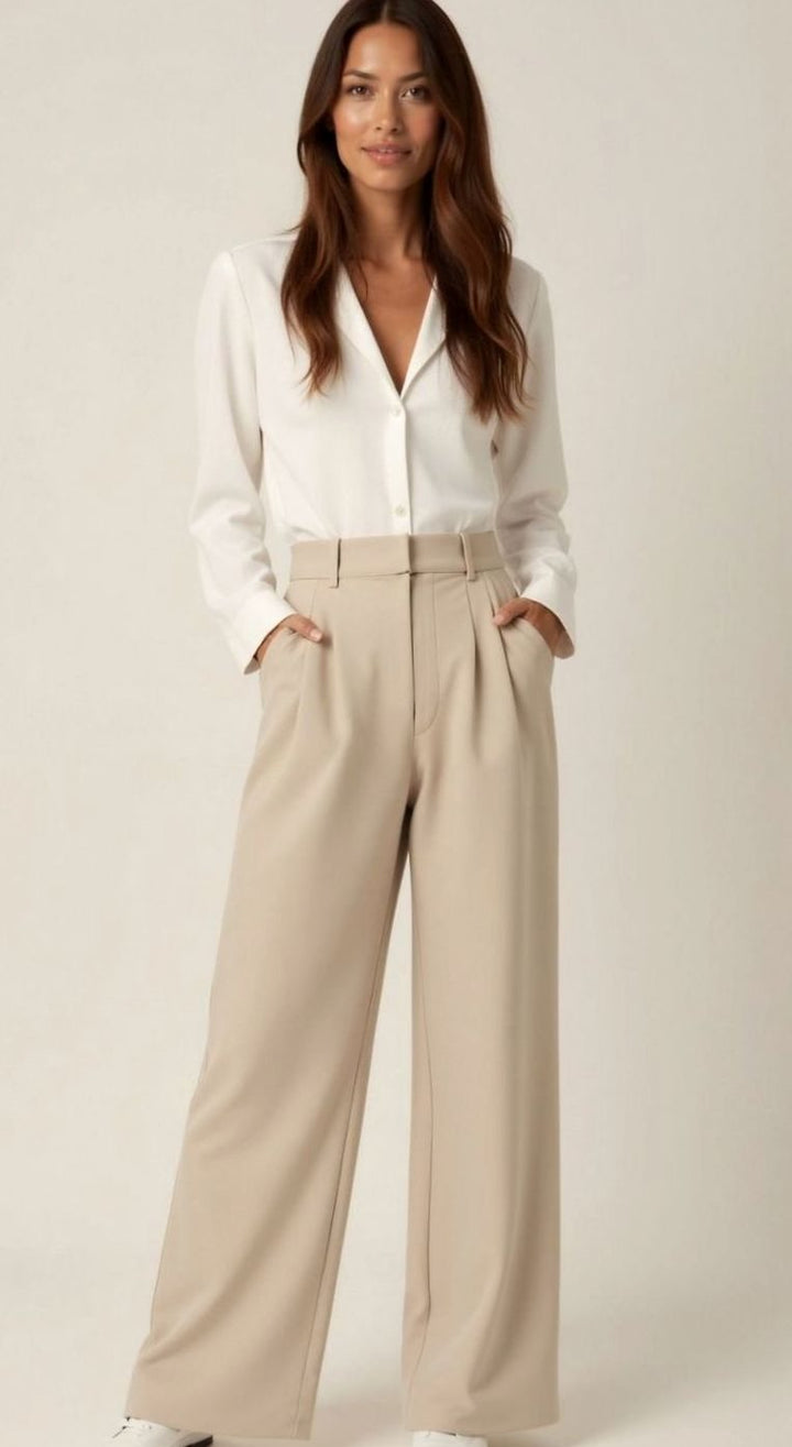Damen Hochtaillierte Plissierte Weite Hose mit Eleganter Beinform