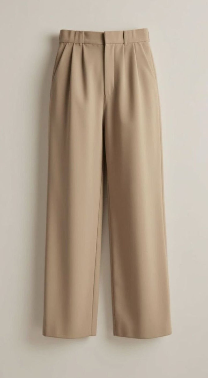 Damen Hochtaillierte Plissierte Weite Hose mit Eleganter Beinform - Khaki