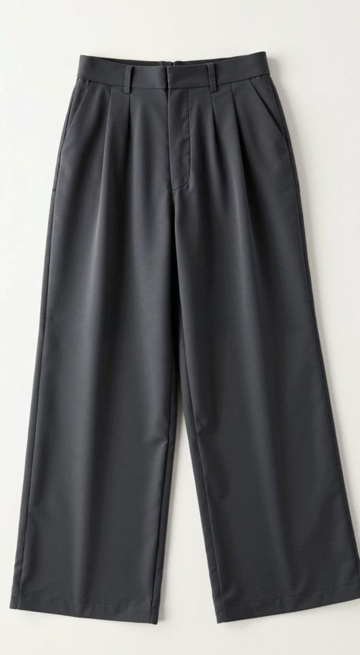 Damen Hochtaillierte Plissierte Weite Hose mit Eleganter Beinform - Dunkelgrau