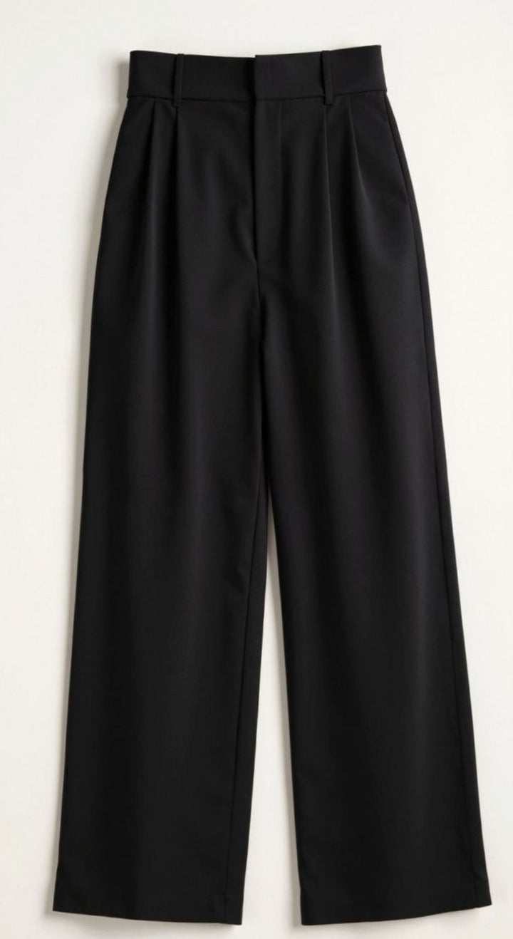Damen Hochtaillierte Plissierte Weite Hose mit Eleganter Beinform - Schwarz