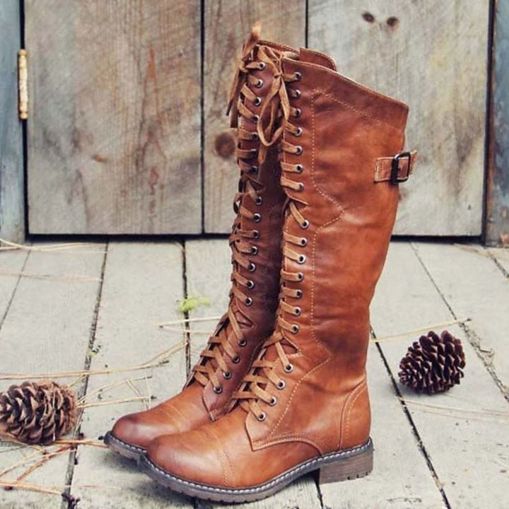 Damen Hohe Schnürstiefel im Reitstil mit Schnallenverschluss - Braun