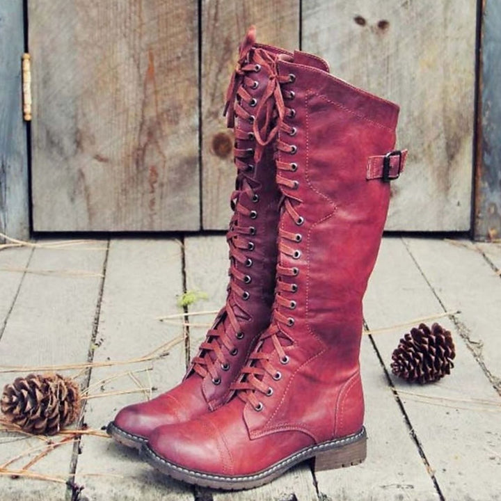 Damen Hohe Schnürstiefel im Reitstil mit Schnallenverschluss - Rot