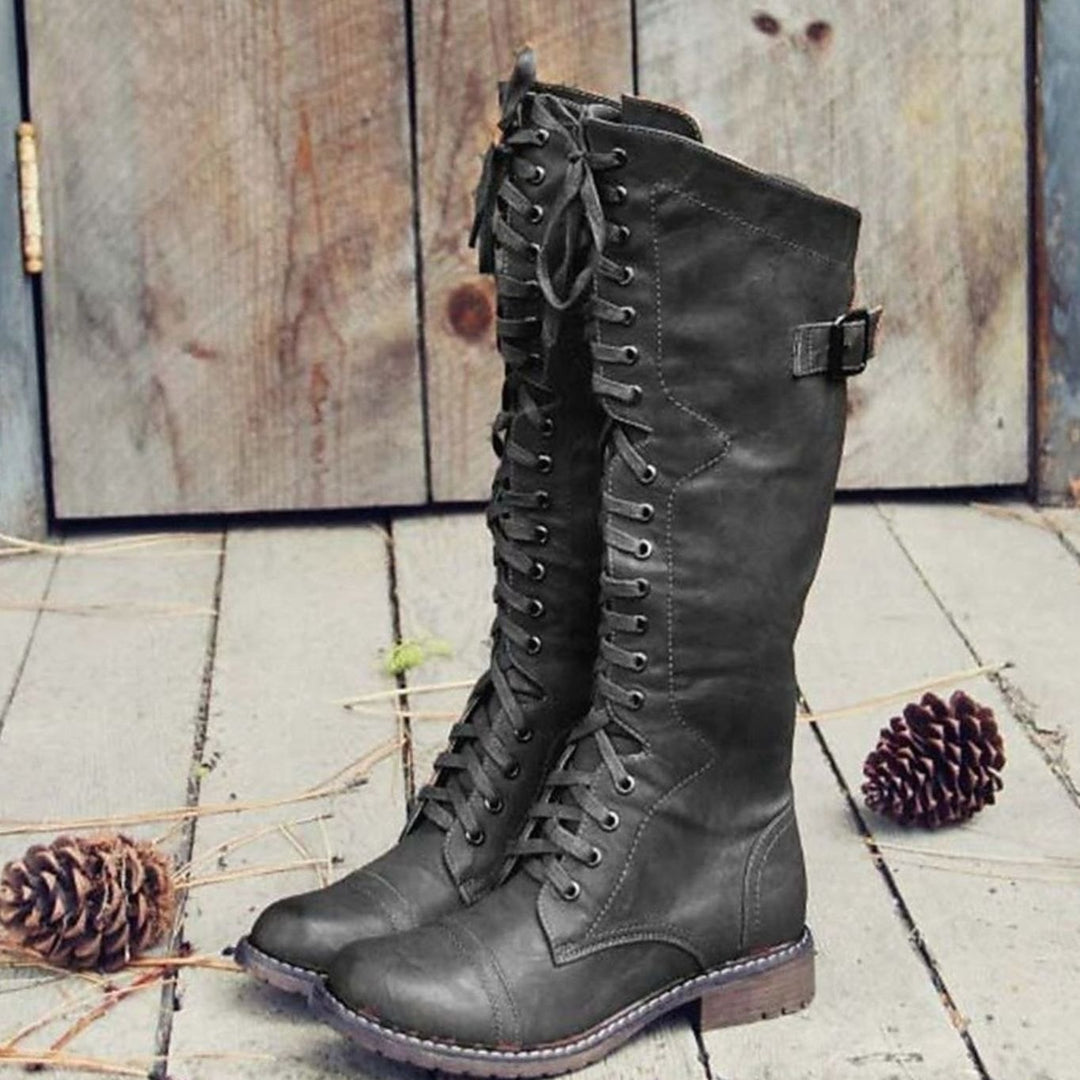 Damen Hohe Schnürstiefel im Reitstil mit Schnallenverschluss - Schwarz