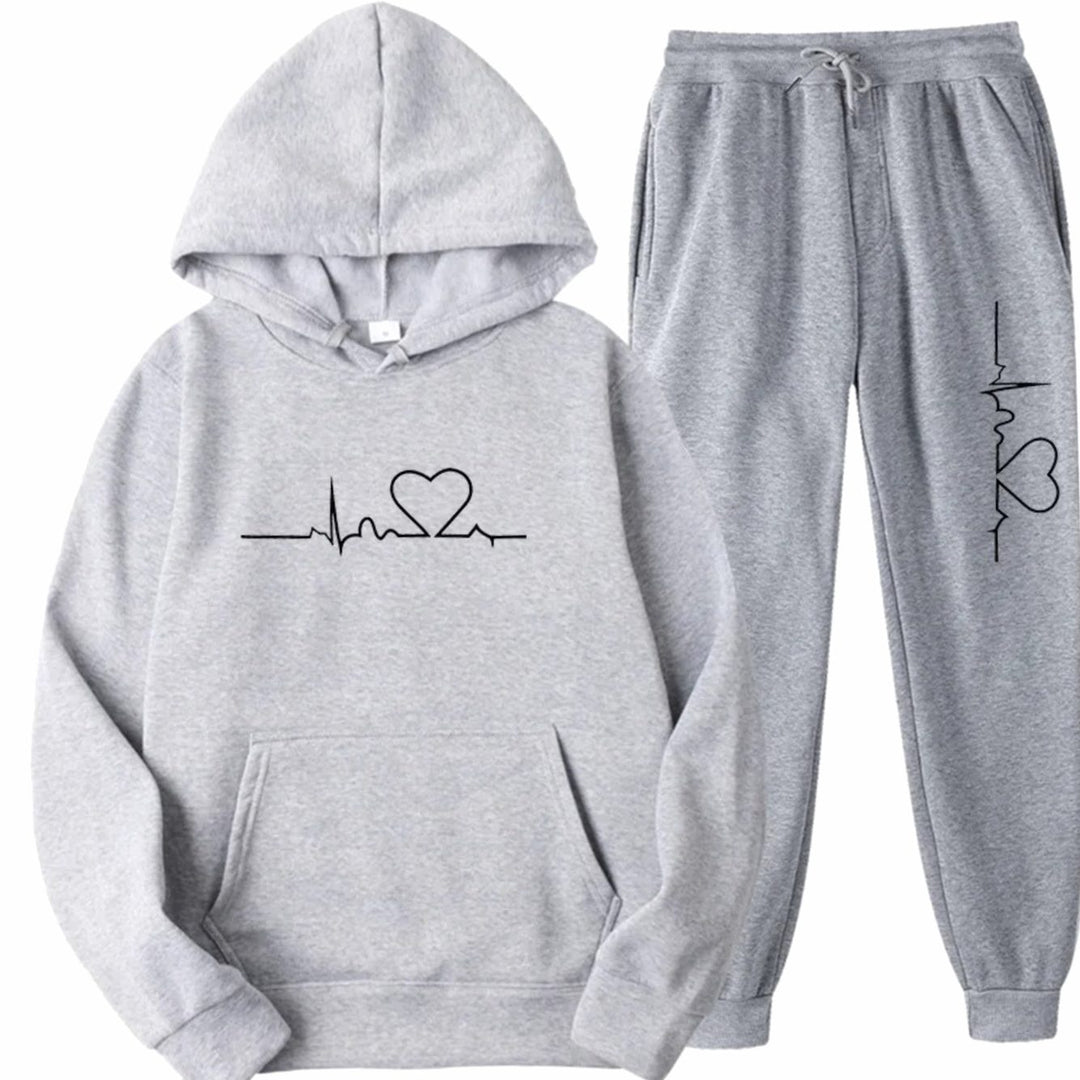 Damen Hoodie-Jogginghose-Set mit Herzschlagmotiv Kordelzug - Hellgrau