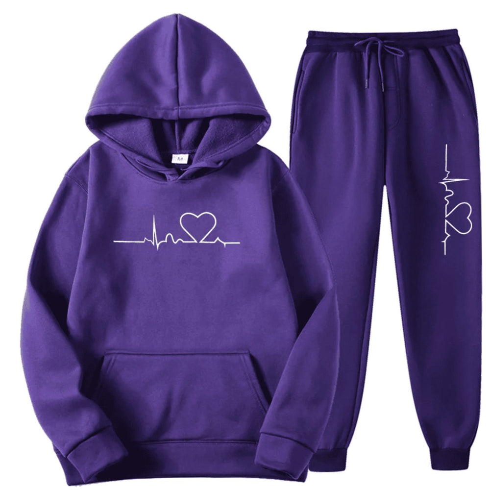 Damen Hoodie-Jogginghose-Set mit Herzschlagmotiv Kordelzug - Lila