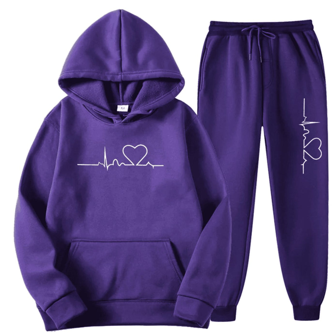 Damen Hoodie-Jogginghose-Set mit Herzschlagmotiv Kordelzug - Lila