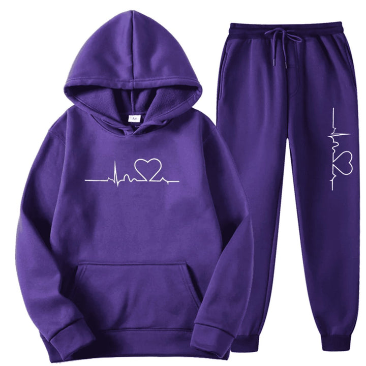 Damen Hoodie-Jogginghose-Set mit Herzschlagmotiv Kordelzug - Lila