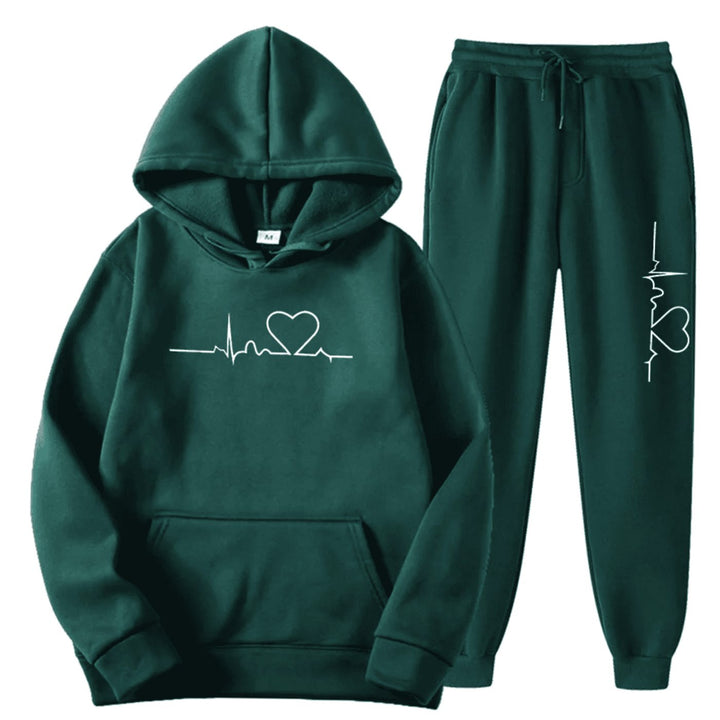 Damen Hoodie-Jogginghose-Set mit Herzschlagmotiv Kordelzug - Grün