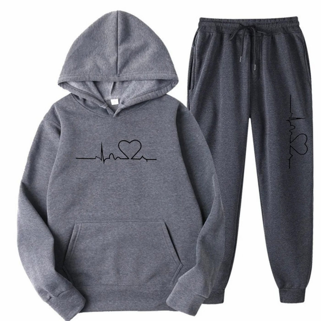 Damen Hoodie-Jogginghose-Set mit Herzschlagmotiv Kordelzug - Grau