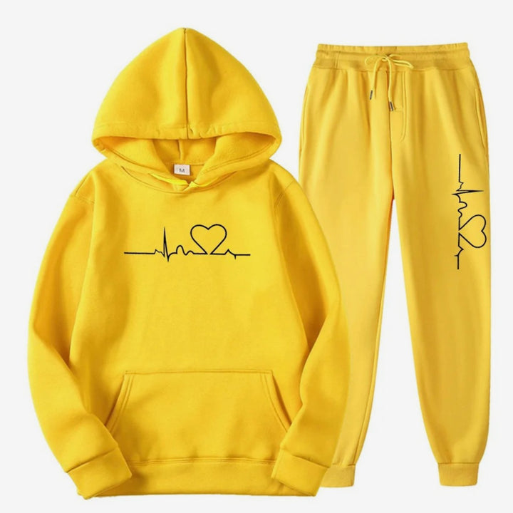 Damen Hoodie-Jogginghose-Set mit Herzschlagmotiv Kordelzug - Gelb