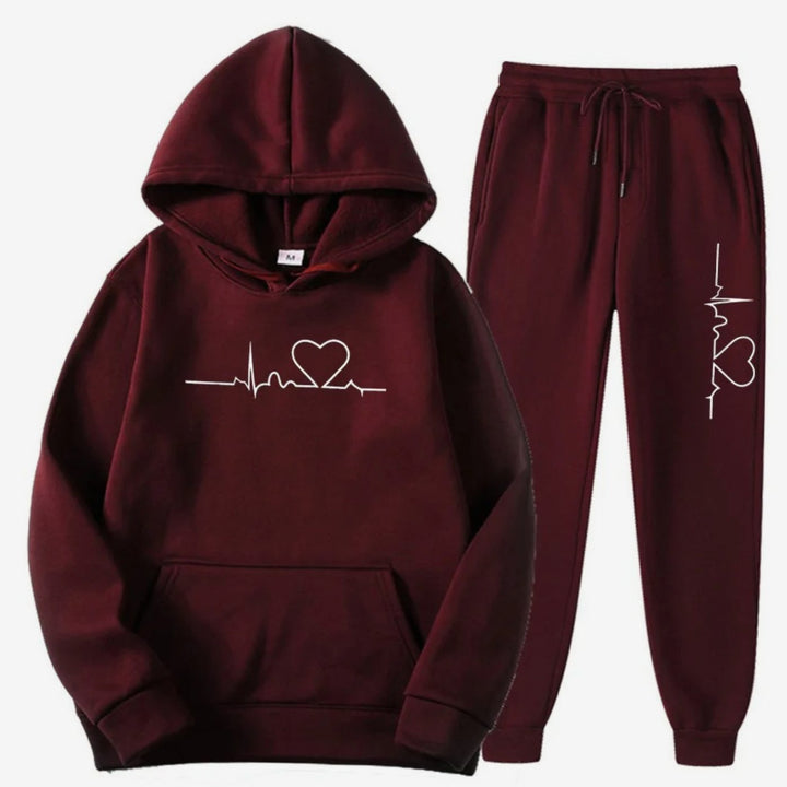 Damen Hoodie-Jogginghose-Set mit Herzschlagmotiv Kordelzug - Dunkelbraun