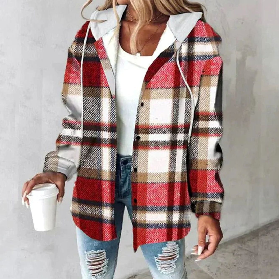 Damen Karierte Hoodie Jacke mit Kapuze Lockere Winterjacke - Rot