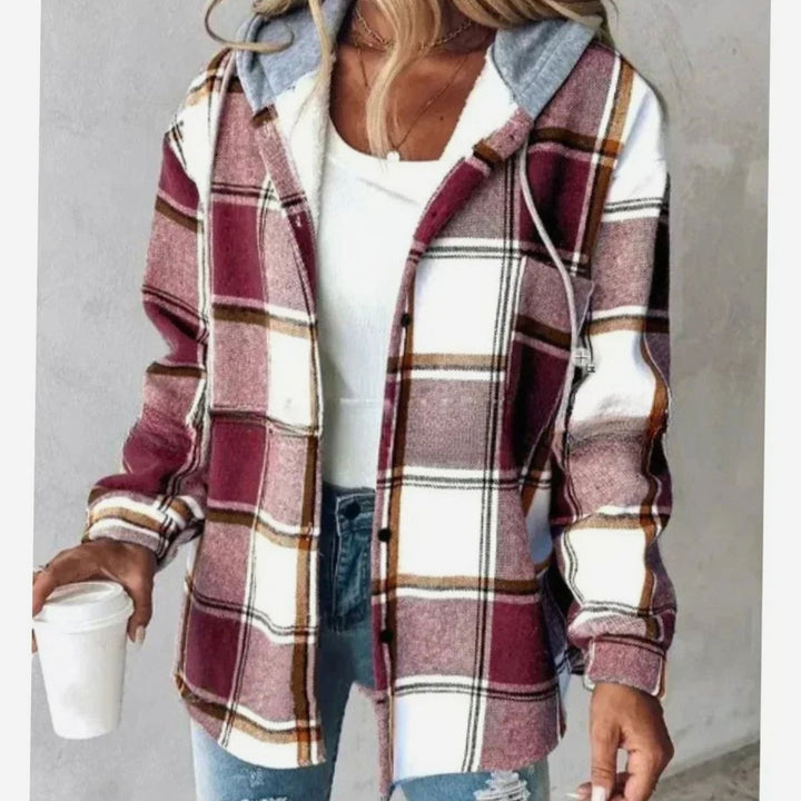 Damen Karierte Hoodie Jacke mit Kapuze Lockere Winterjacke - Dunkelrot