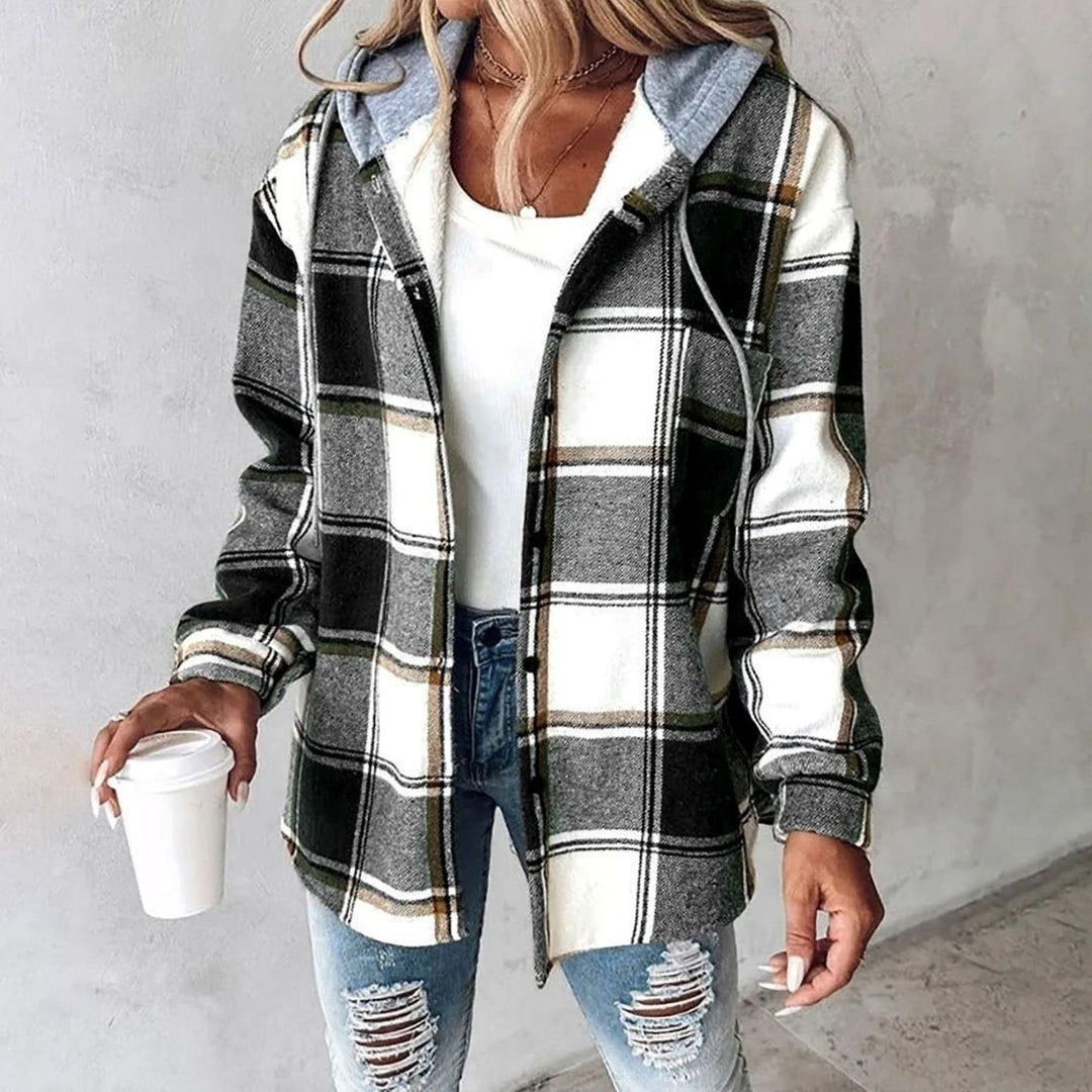 Damen Karierte Hoodie Jacke mit Kapuze Lockere Winterjacke - Schwarz