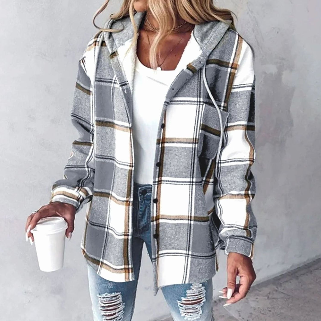 Damen Karierte Hoodie Jacke mit Kapuze Lockere Winterjacke - Grau