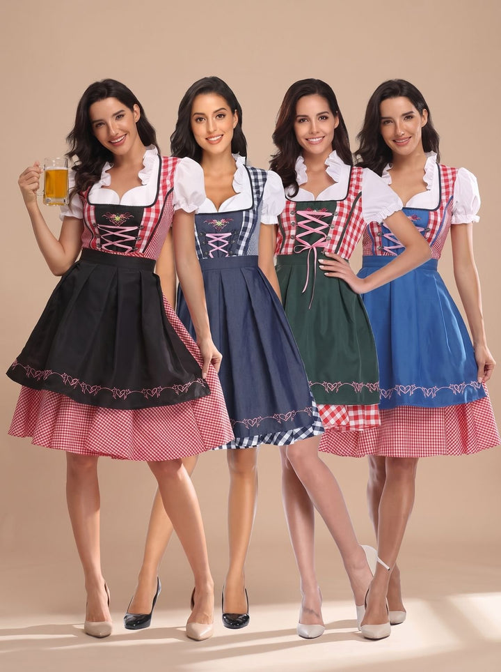 Damen Kariertes Oktoberfest Trachtenkleid mit Schürze und Bluse
