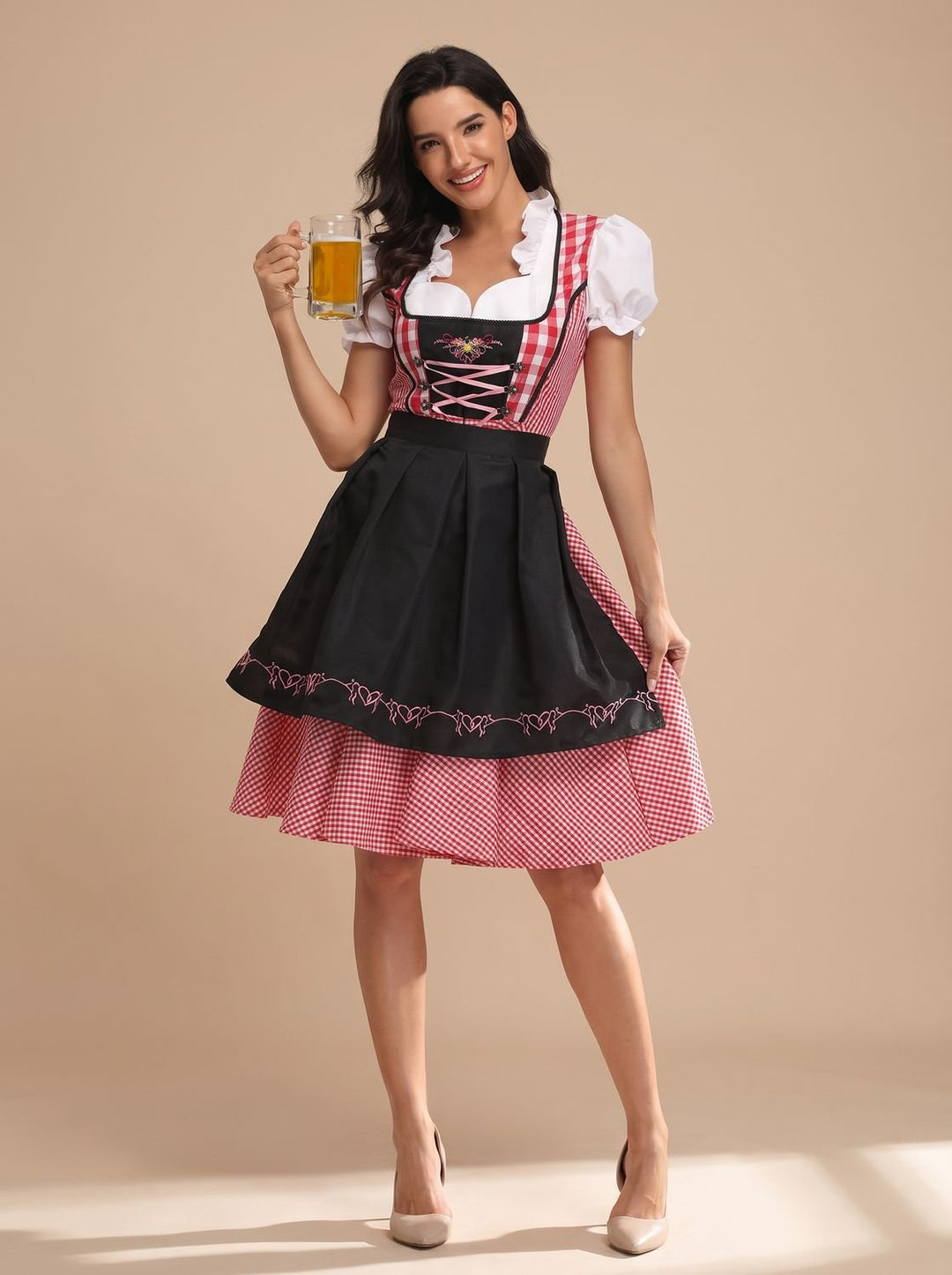 Damen Kariertes Oktoberfest Trachtenkleid mit Schürze und Bluse - Kariert Rot-Schwarz