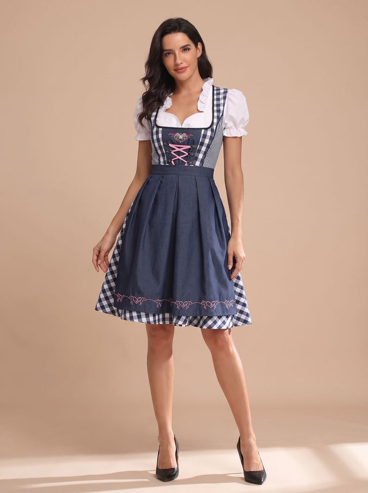 Damen Kariertes Oktoberfest Trachtenkleid mit Schürze und Bluse - Kariert Schwarz-Dunkelblau